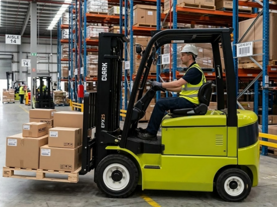 Electric forklift operating in a distribution center warehouse, highlighting the transition to 48V 500Ah lithium-ion battery packs for total cost of ownership savings